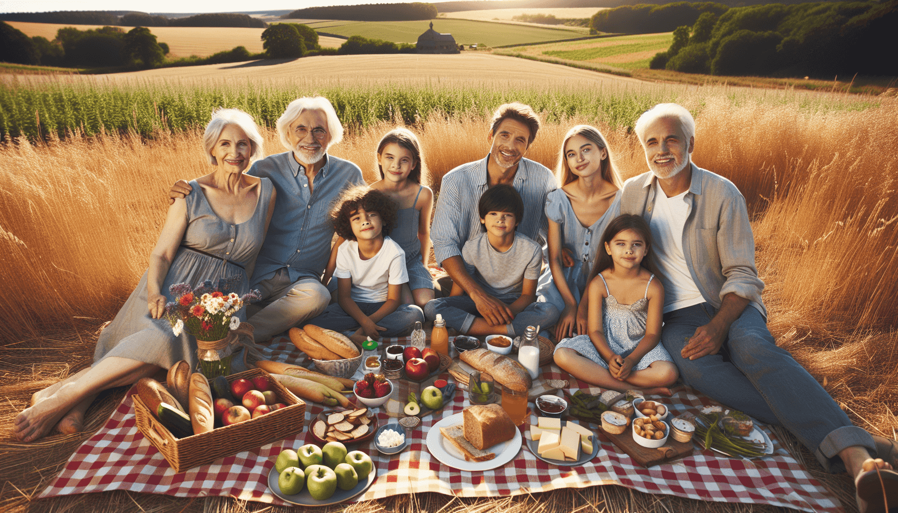 Família fazendo piquenique com produtos da quinta