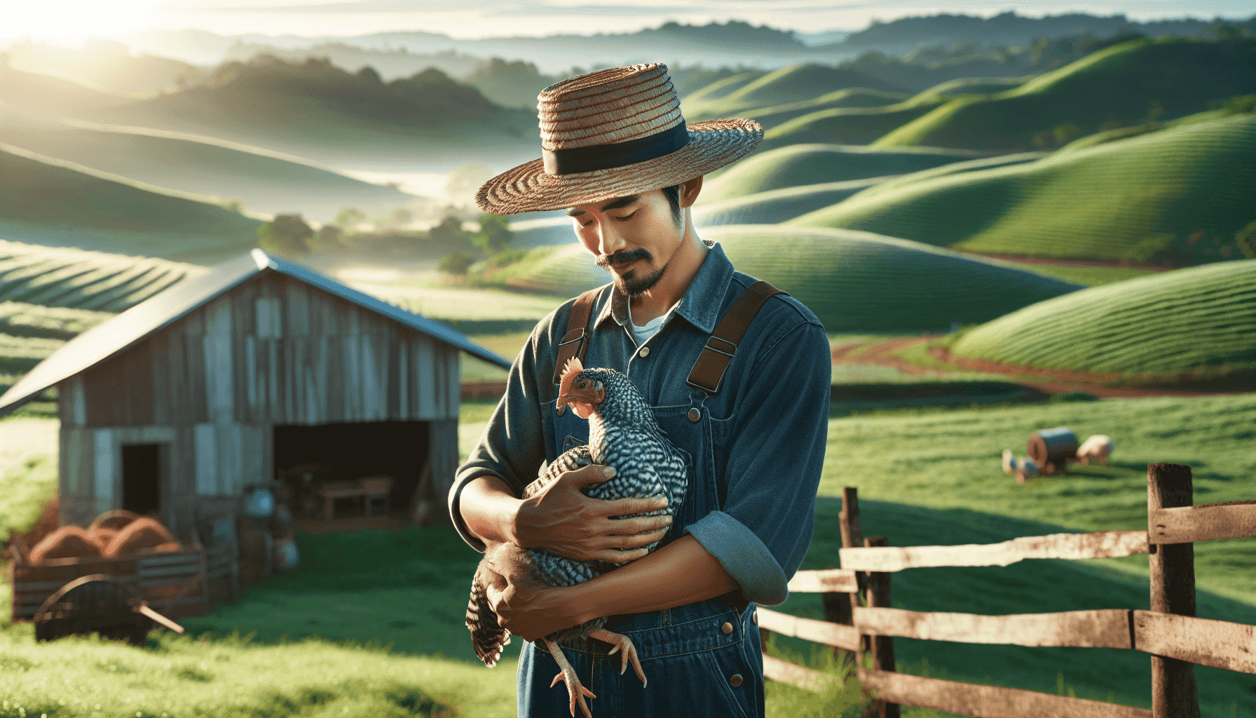Agricultor segurando uma galinha em um pasto verde
